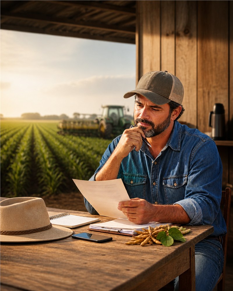 Produtor rural analisando documentos de crédito rural